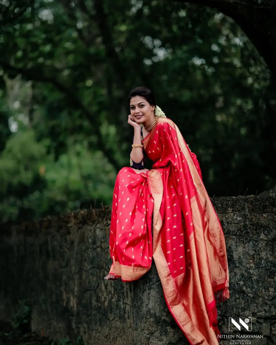 Anusree Nair in Beautiful Earrings Jewellery Red Saree Blue Blouse